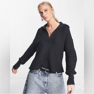 Free People Marlie Deep V Ribbed Knot Sweater Black XS Extra Small